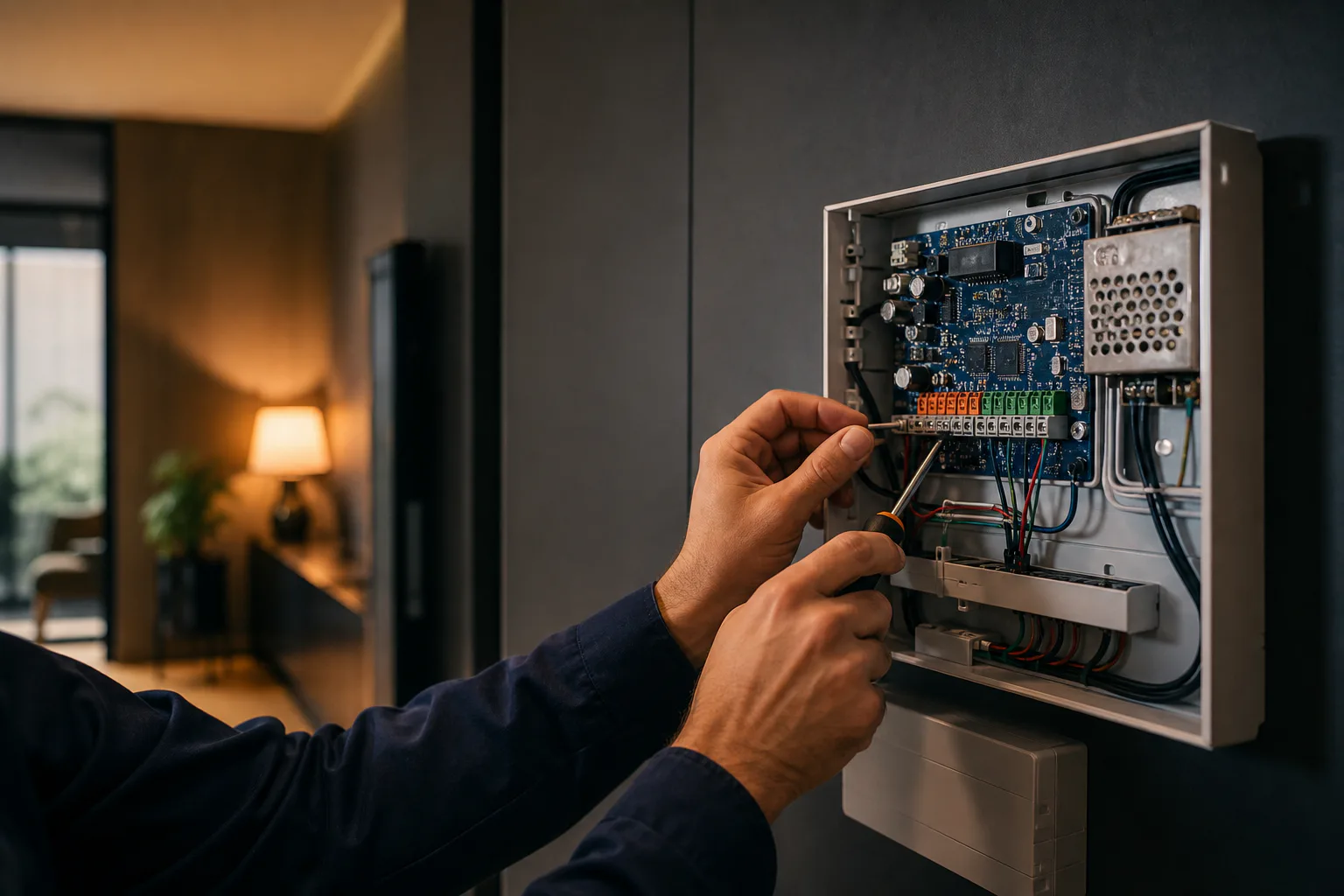 Técnico realizando una instalación ordenada en un panel de alarma