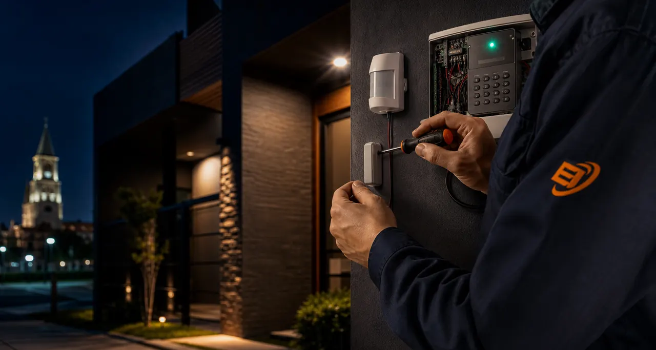 Técnico de Escobar Instalaciones configurando sensores y panel de alarma